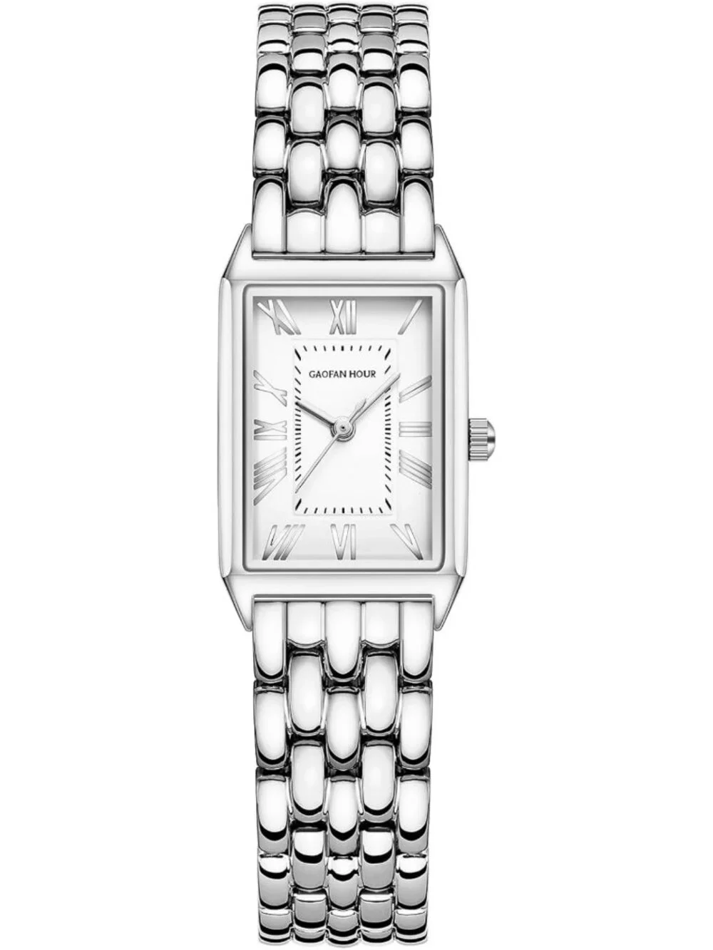 Vintage Gold Women's Watch, Rectangular Case, White Roman Dial, Stainless Steel